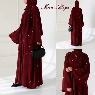 Maroon Georgette Embroidered Abaya with Moon Design | Elegant Embroidered Abaya for Women - Image 2