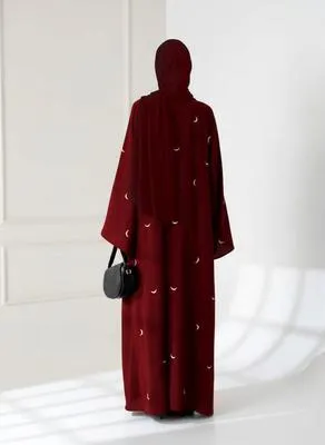 Maroon Georgette Embroidered Abaya with Moon Design | Elegant Embroidered Abaya for Women - Image 3