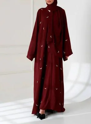 Maroon Georgette Embroidered Abaya with Moon Design | Elegant Embroidered Abaya for Women - Image 4