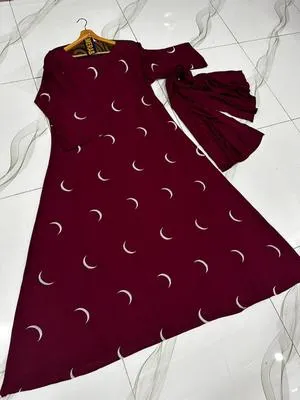 Maroon Georgette Embroidered Abaya with Moon Design | Elegant Embroidered Abaya for Women - Image 6