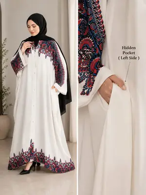 Georgette Printed Classic Abaya for Women | Cream Embroidered Floral Abaya with Pocket - Image 2