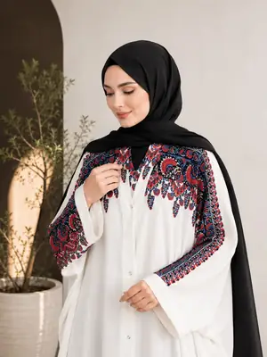 Georgette Printed Classic Abaya for Women | Cream Embroidered Floral Abaya with Pocket - Image 3