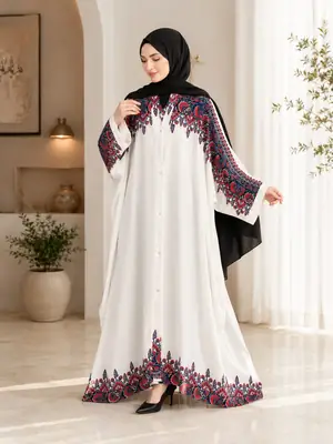 Georgette Printed Classic Abaya for Women | Cream Embroidered Floral Abaya with Pocket - Image 4