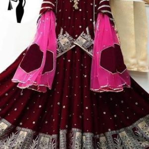 Maroon Embroidered Shamoz Silk Maxi Suit 3 Pcs for Women – Stitched Eid & Formal Wear