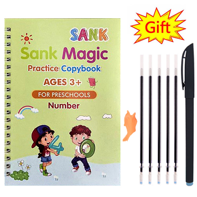SANK Montessori Reusable Magic Practice Book Set – 4 Magic Books with Pen, 10 Refills & Writing Grip