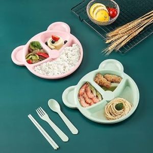 5 Pcs Baby Feeding Plate Set – Cartoon Bear Divided Dinner Plate with Bowl, Cup, Spoon & Fork for Toddlers & Kids