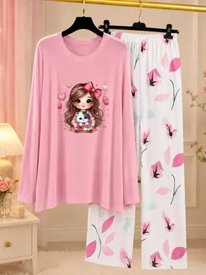 2 Pcs Women's Stitched Jersey Printed Night Suit – Soft & Comfortable Home Wear Sleepwear Set