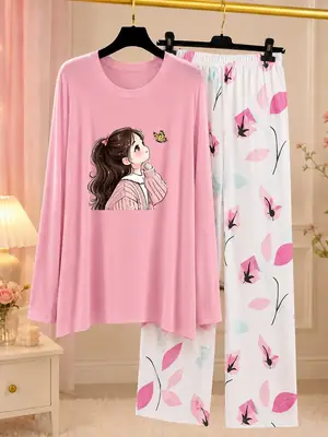 2 Pcs Women's Stitched Jersey Printed Night Suit – Soft & Comfortable Home Wear Sleepwear Set - Image 9