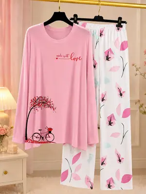 2 Pcs Women's Stitched Jersey Printed Night Suit – Soft & Comfortable Home Wear Sleepwear Set - Image 2
