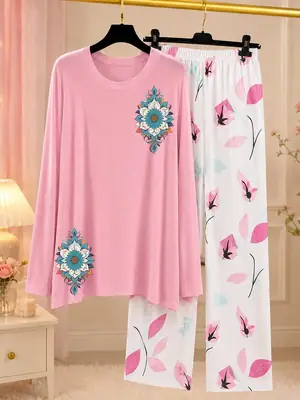 2 Pcs Women's Stitched Jersey Printed Night Suit – Soft & Comfortable Home Wear Sleepwear Set - Image 3