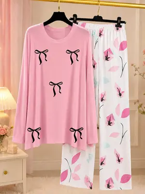 2 Pcs Women's Stitched Jersey Printed Night Suit – Soft & Comfortable Home Wear Sleepwear Set - Image 5