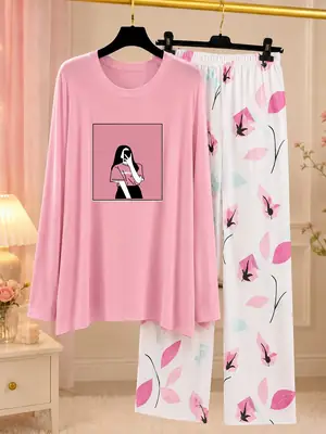 2 Pcs Women's Stitched Jersey Printed Night Suit – Soft & Comfortable Home Wear Sleepwear Set - Image 6