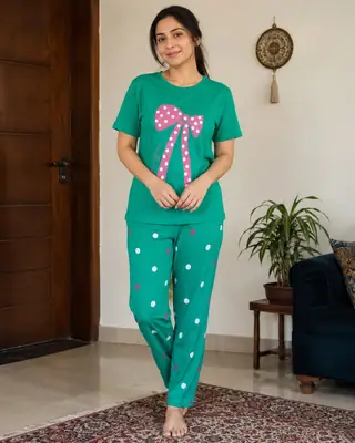 2 Pcs Women's Stitched Cotton Jersey Printed Night Suit – Soft & Comfortable Home Wear Sleepwear Set - Image 2