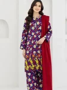 3Pcs Women's Stitched Lawn Printed Suit with Embroidery – Ready-to-Wear Traditional Dress