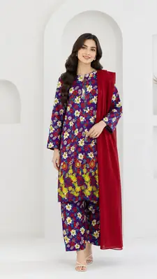 3Pcs Women's Stitched Lawn Printed Suit with Embroidery – Ready-to-Wear Traditional Dress