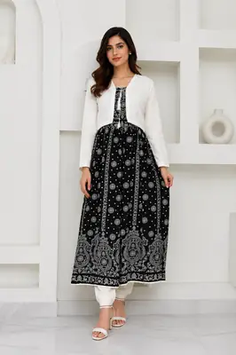 3Pcs Women's Stitched Linen Block Printed Suit with Koti – Ready-to-Wear Printed Kurta Set - Image 2
