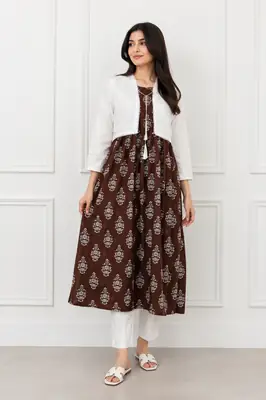 3Pcs Women's Stitched Linen Block Printed Suit with Koti – Ready-to-Wear Printed Kurta Set