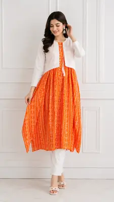3Pcs Women's Stitched Linen Block Printed Suit with Koti – Traditional Casual & Semi-Formal Wear