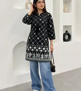1Pc Women's Stitched Linen Block Printed Shirt – Black Special Ready-to-Wear Kurti