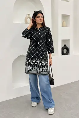 1Pc Women's Stitched Linen Block Printed Shirt – Black Special Ready-to-Wear Kurti