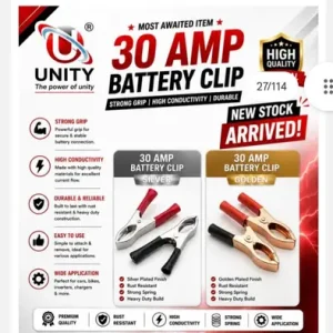 Unity Battery Clamps, 30 AMP, Copper Clad Insulated Battery Clips, Color Code, Red & Black Jacketed Handle