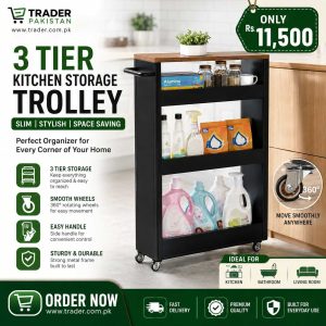 3 Tier Kitchen Storage Trolley with Wheels – Slim Rolling Organizer Cart for Kitchen, Bathroom & Home