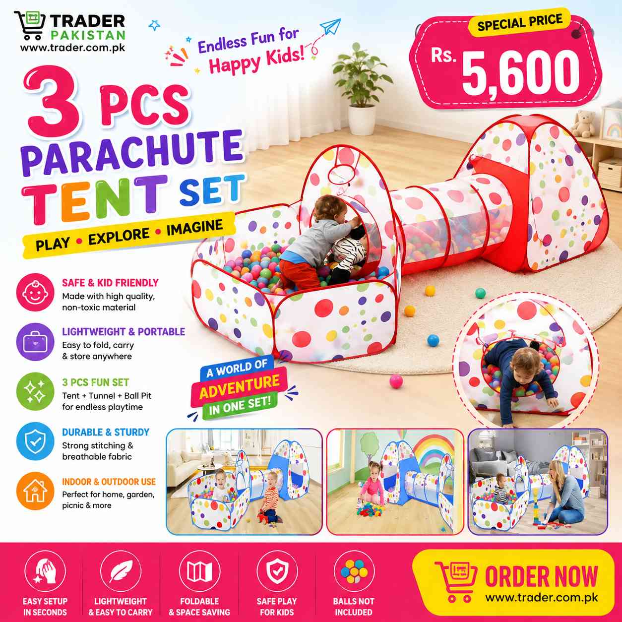 3 Pcs Parachute Tent – Lightweight Portable Outdoor Camping Shelter Set