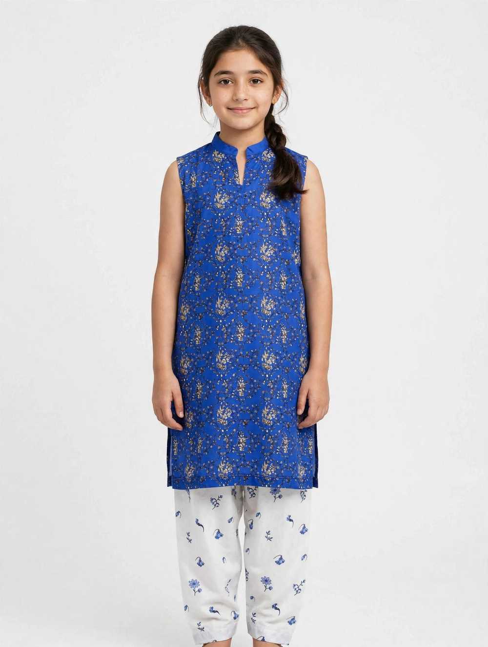 Girls Blue Floral Co-Ord Set with Separate Sleeves – Stylish 2 Pcs Stitched Outfit - Image 2