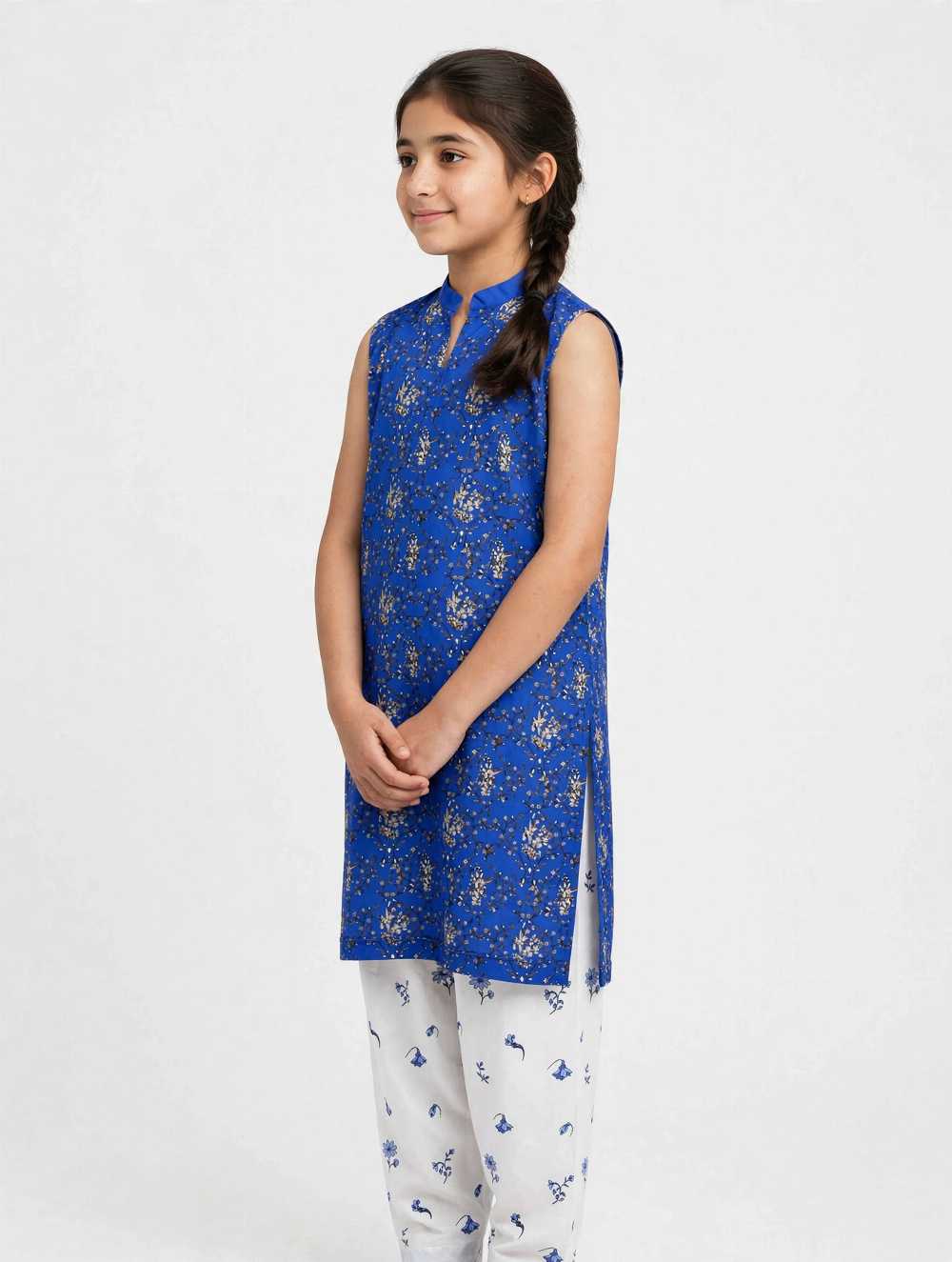 Girls Blue Floral Co-Ord Set with Separate Sleeves – Stylish 2 Pcs Stitched Outfit - Image 3