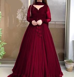 Women Maroon Chiffon Maxi Suit 3 Pcs Round Neck Elegant Party & Festive Wear Dress