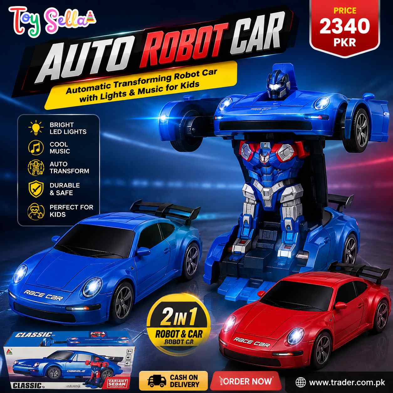 Auto Robot Car – Automatic Transforming Robot Car Toy with Lights & Music for Kids