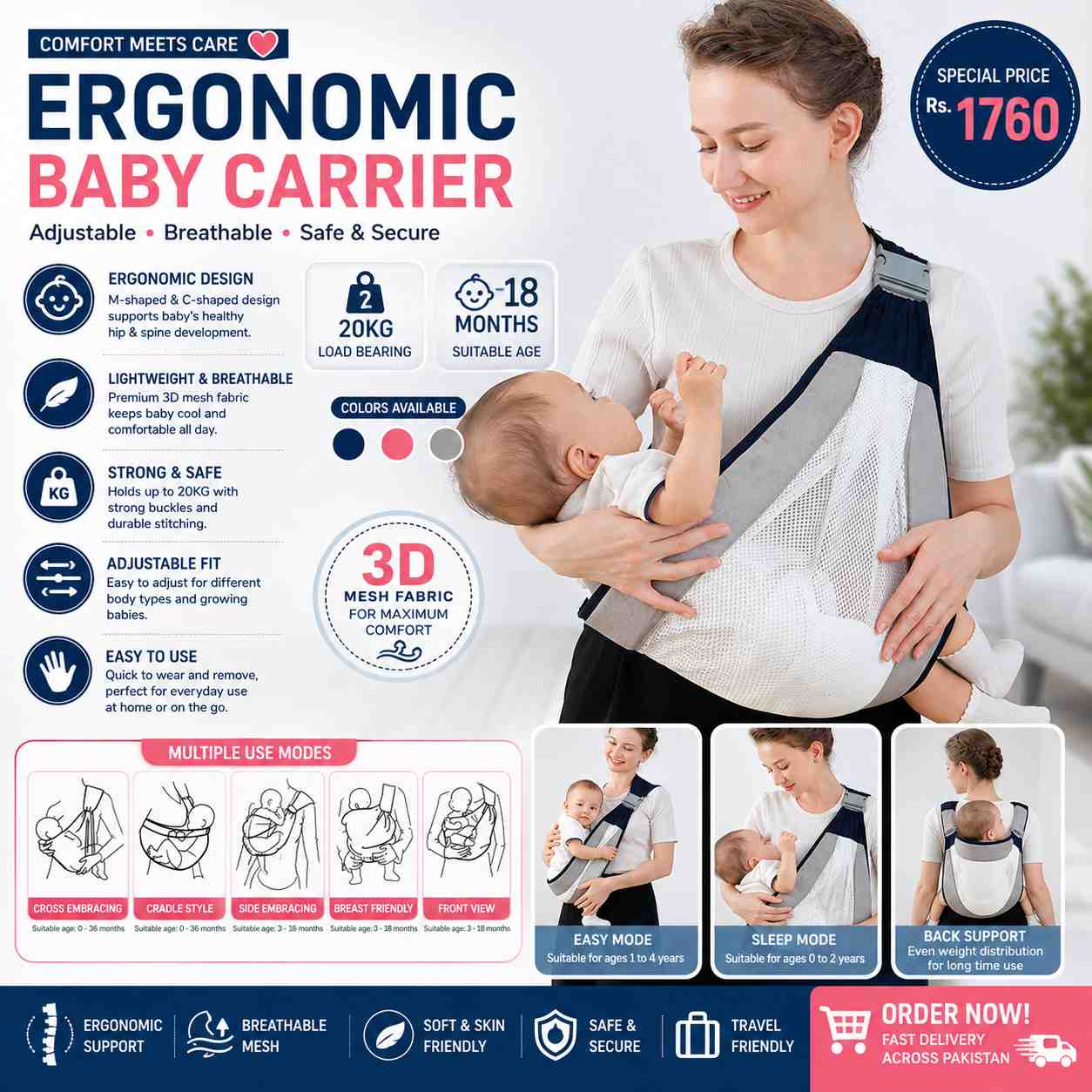 Ergonomic Baby Carrier – Adjustable Breathable 3D Mesh Baby Sling for Infants & Toddlers (3–18 Months)