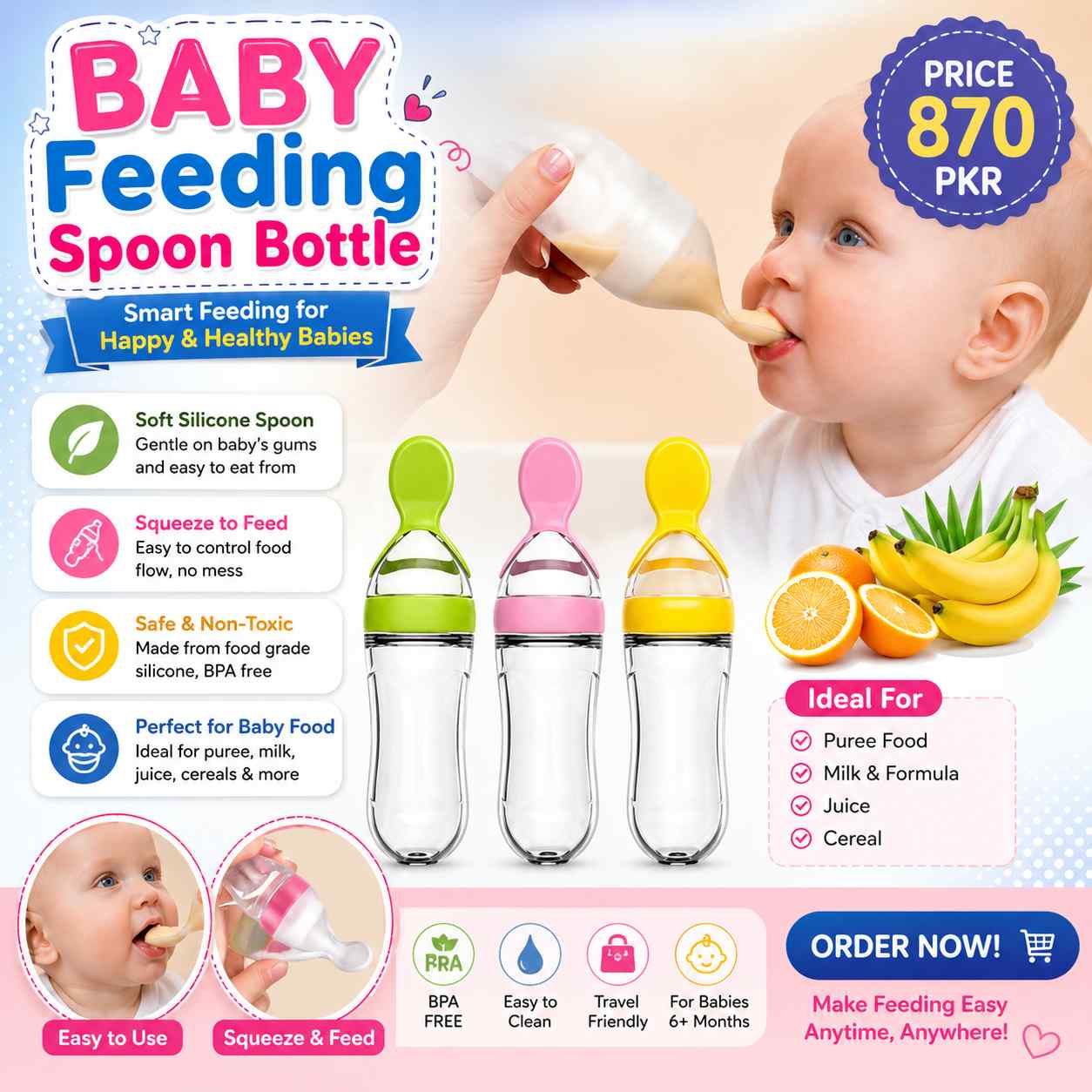 Baby Feeding Spoon Bottle – Soft Silicone Squeeze Food Feeder for Infants & Toddlers
