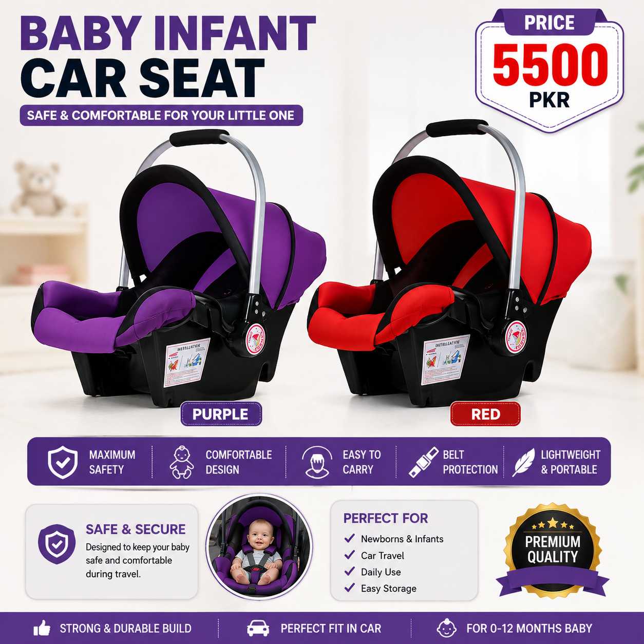 Stylish Baby Carry Cot with Mosquito Net for Newborns | Soft & Comfortable Portable Infant Carry Bed | Baby Travel Carry Nest | Purple & Red | Pakistan