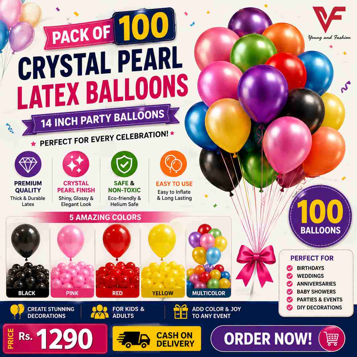 Pack of 100 Crystal Pearl Latex Balloons 14 Inch – Black, Pink, Red, Yellow & Multicolor Party Decoration Balloons