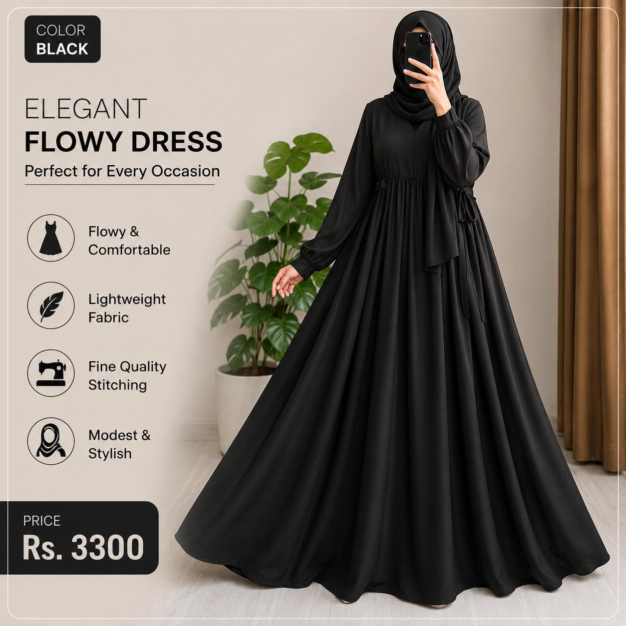 Black Georgette Full Abaya with Front Zip & Side Pockets | Elegant Modest Abaya for Women