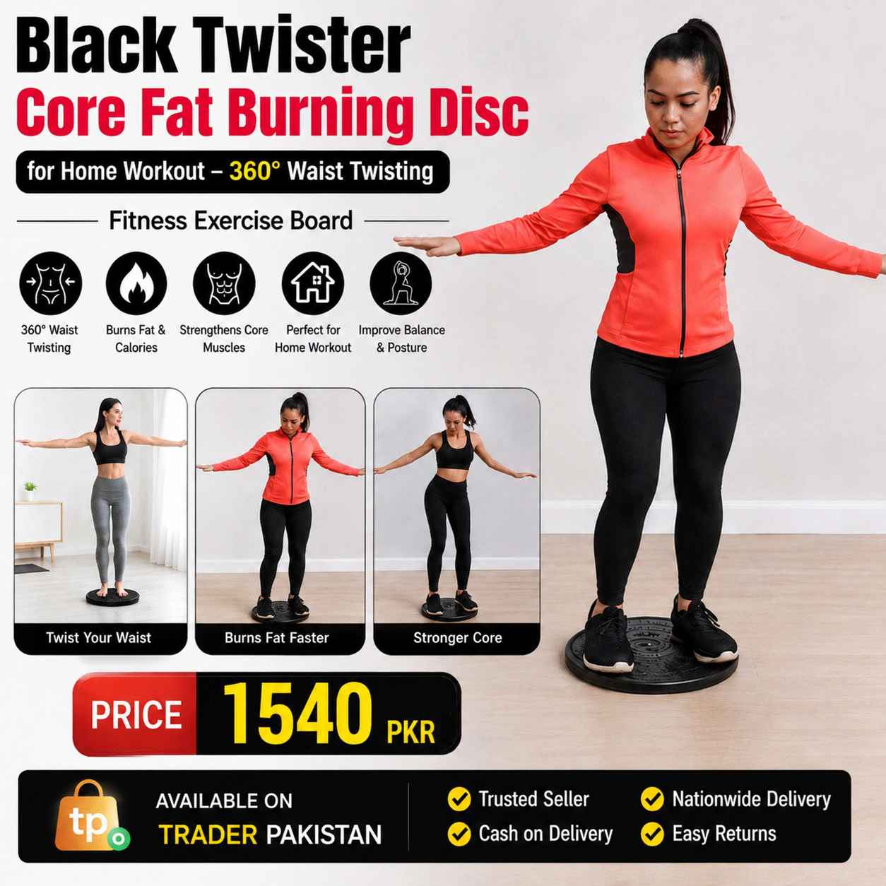 Black Twister Core Fat Burning Disc for Home Workout – 360° Waist Twisting Fitness Exercise Board