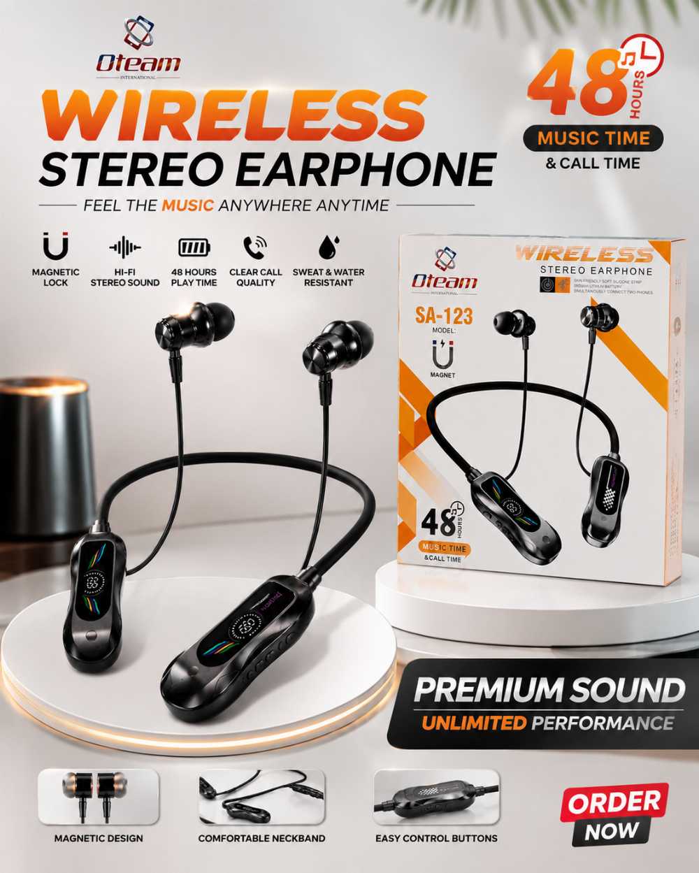 Oteam SA-123 Wireless Stereo Neckband Earphones | Bluetooth Magnetic Earbuds | 48 Hours Battery Backup