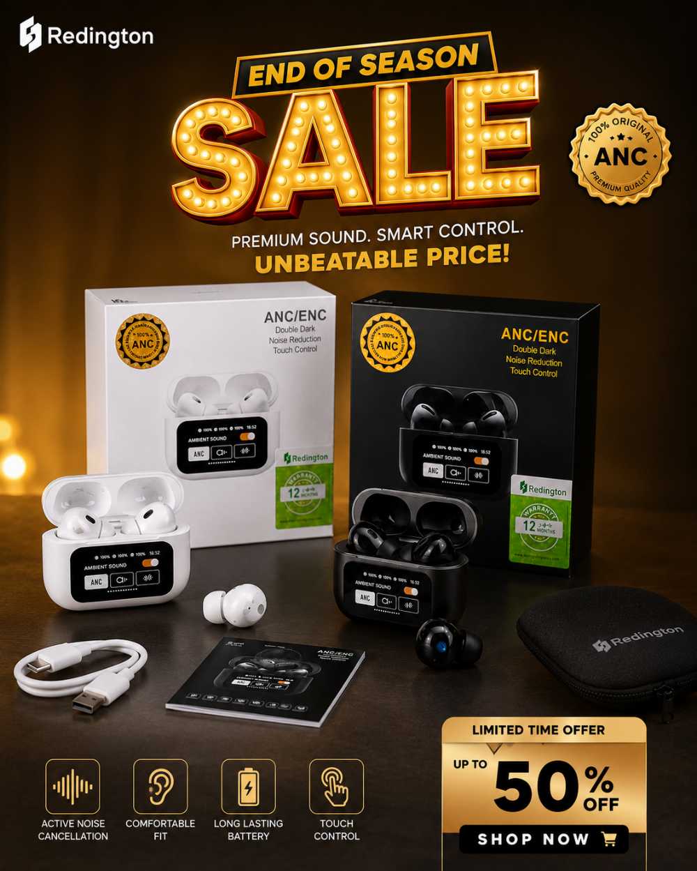 Redington ANC/ENC Wireless Earbuds | Active Noise Cancellation | ENC HD Calling | Touch Control | Long Battery Life