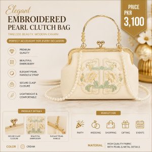 Creamy White Embroidered Handbag for Weddings & Hanfu Lovers – Elegant Cream Women's Party Handbag for Bridal, Wedding & Formal Events in Pakistan