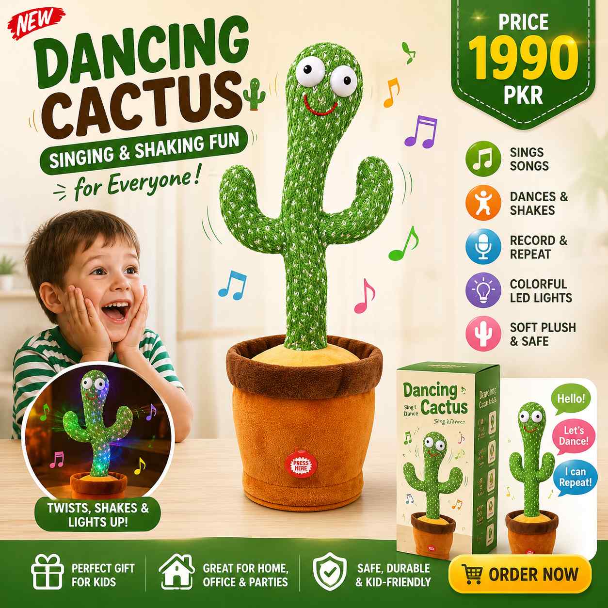 Dancing Cactus Plush Toy – Electronic Singing, Talking & Shaking Musical Toy with Voice Recording for Kids