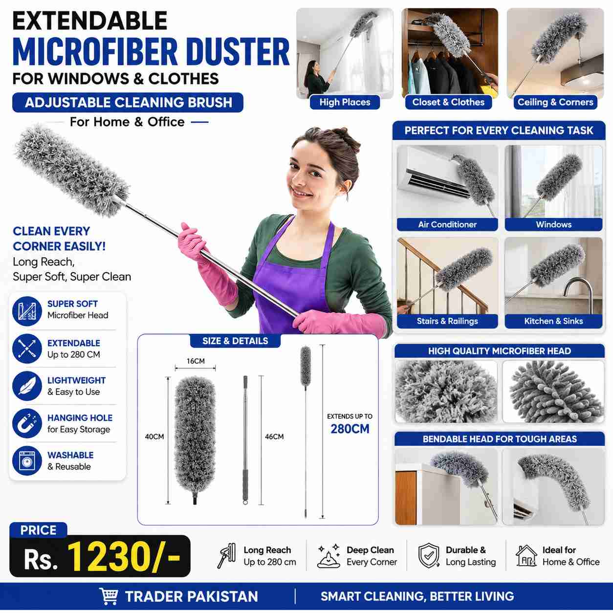 Extendable Microfiber Duster for Windows and Clothes – Adjustable Cleaning Brush for Home & Office