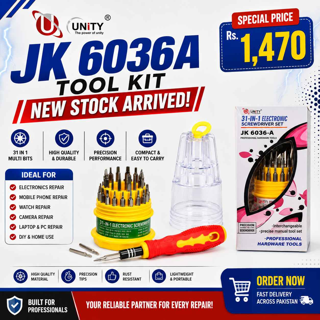Unity JK-6036A Multi-Functional Precision Screwdriver Set – Hand Tool Kit with Interchangeable Bits