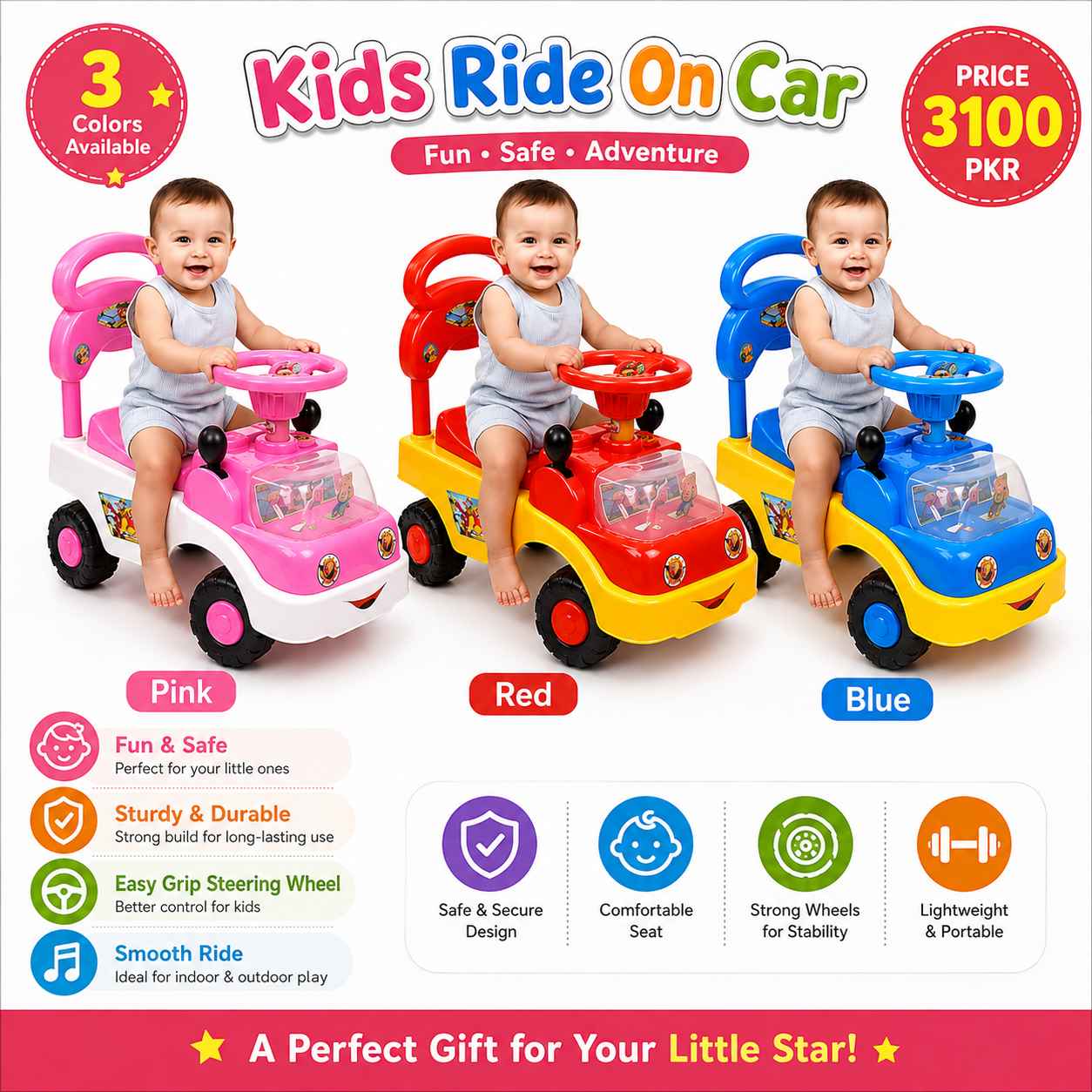 Pink Kids Riding Car with Music & Lights for Toddlers | Battery Operated Ride-On Car | Baby Push Car for Boys & Girls | Kids Ride-On Toy Pakistan