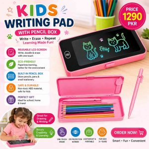 Kids Writing Pad with Pencil Box – Reusable LCD Writing Tablet & Stationery Organizer for School
