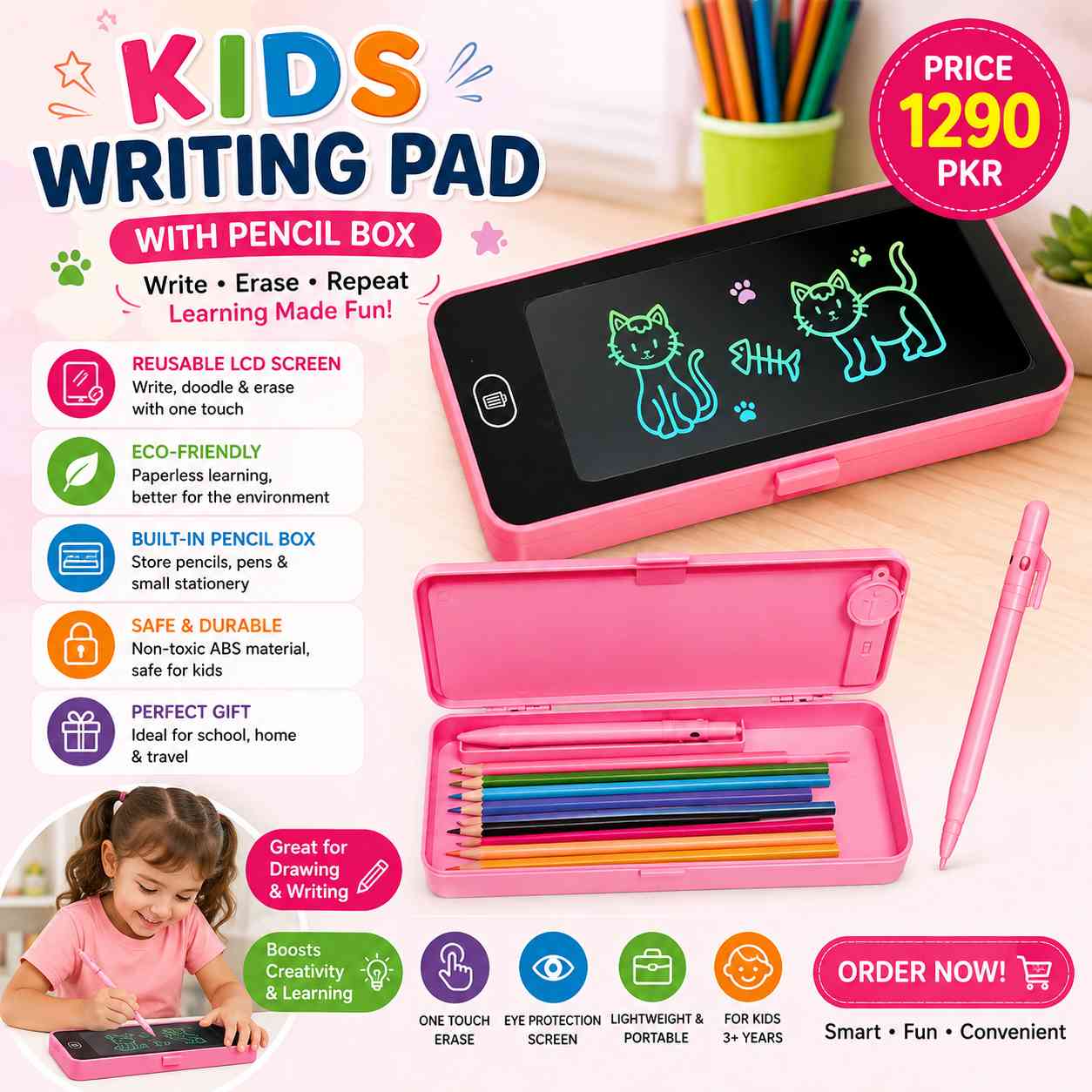 Kids Writing Pad with Pencil Box – Reusable LCD Writing Tablet & Stationery Organizer for School