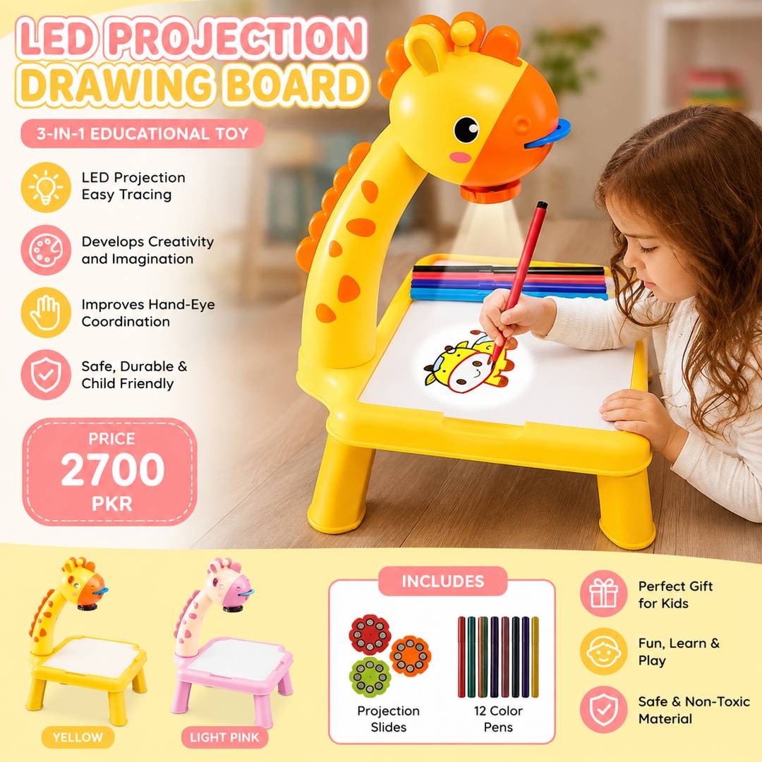 LED Projection Drawing Board for Kids 3-in-1 Creative Learning Toy with Projector – Yellow