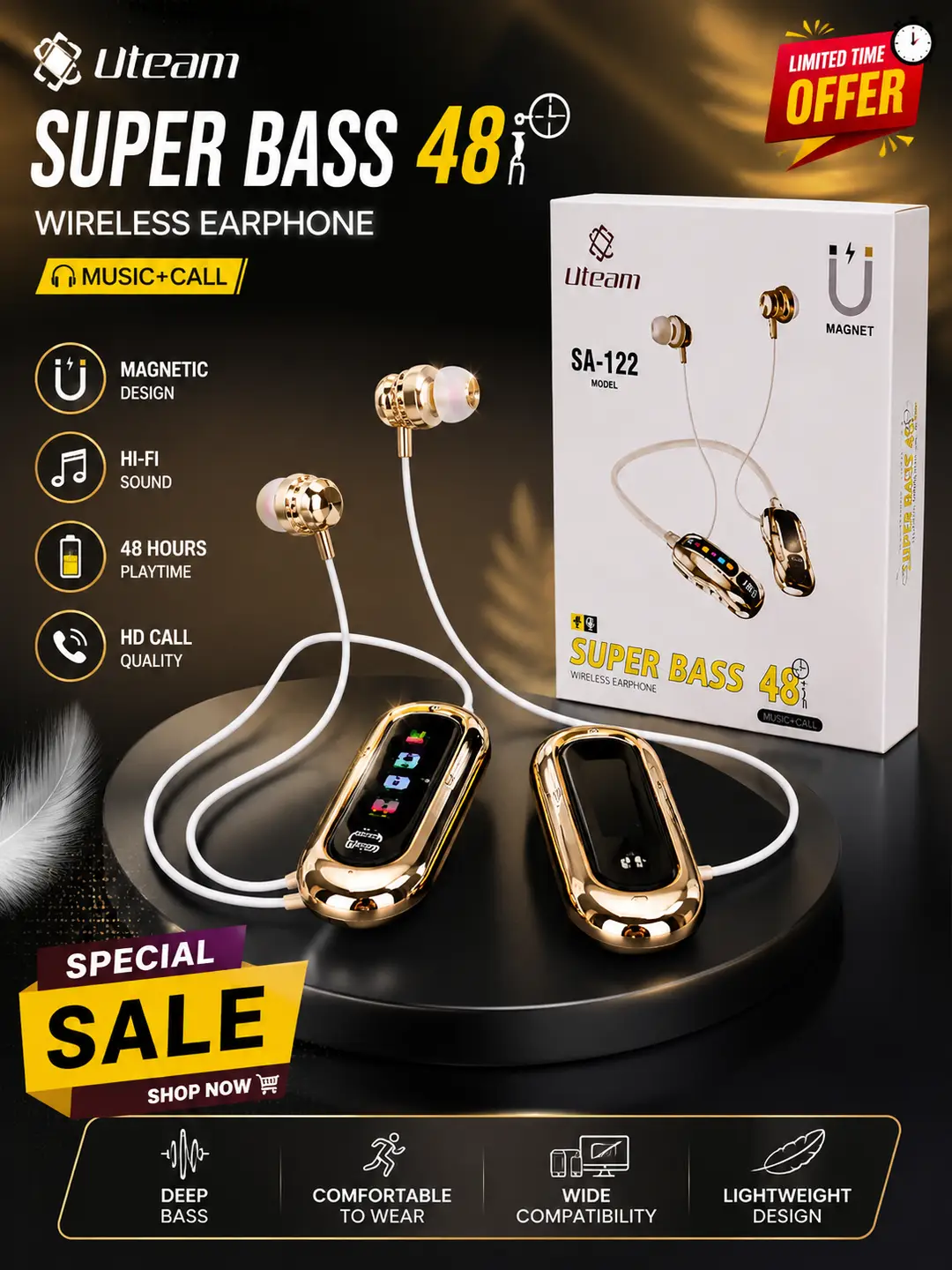 Uteam SA-122 Magnetic Wireless Earphones | Super Bass | Up to 48 Hours Battery | Hi-Fi Sound