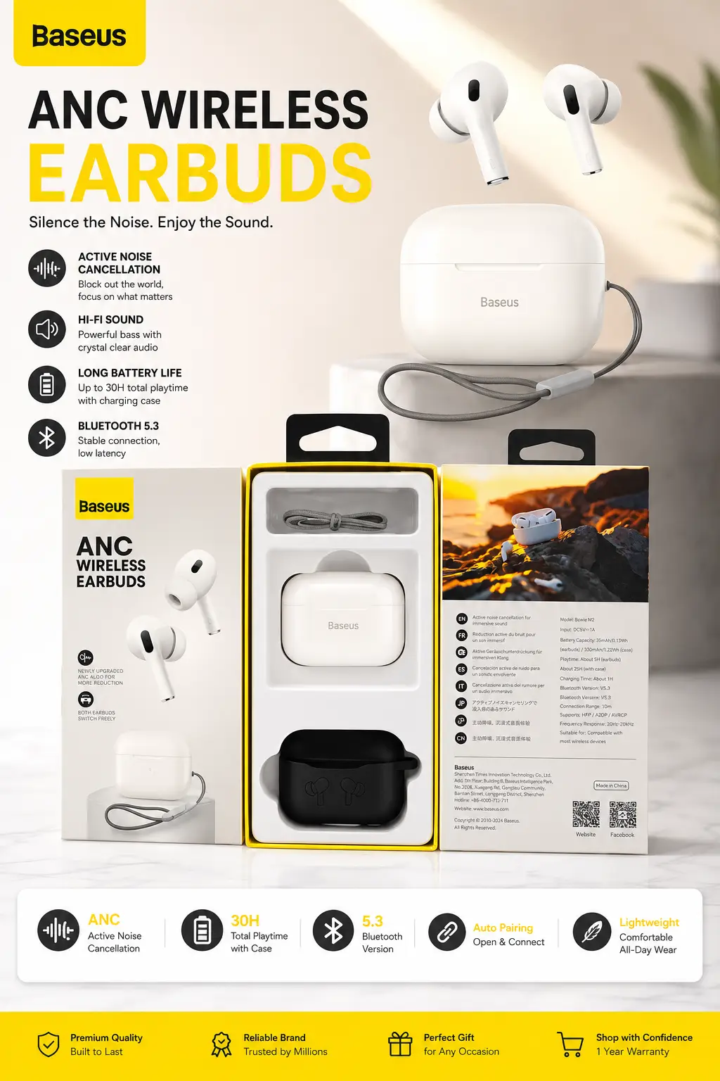 Baseus ANC Wireless Earbuds Bluetooth 5.4 | Active Noise Cancellation TWS Earphones with Charging Case