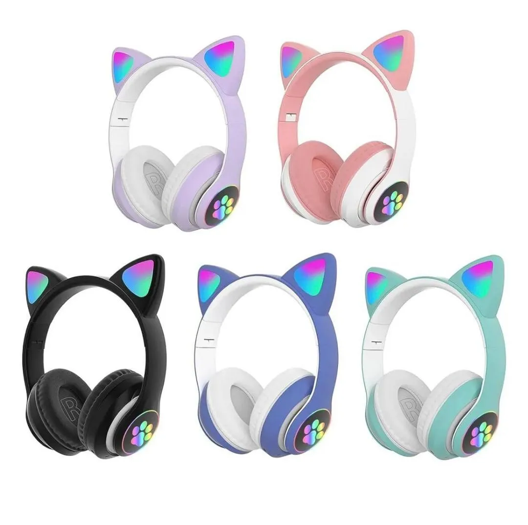 Cat Ear Bluetooth Headphones Pink with LED Lights - Image 3
